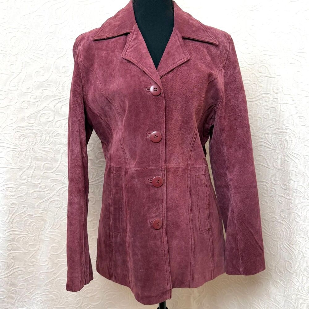 Vtg 90s Gasoline Suede Leather Jacket Womens Burgundy Raspberry Button Front L